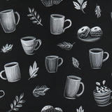 Café Noir wallpaper featuring mugs, leaves, and cupcakes in a chalk-style pattern on a black background.
