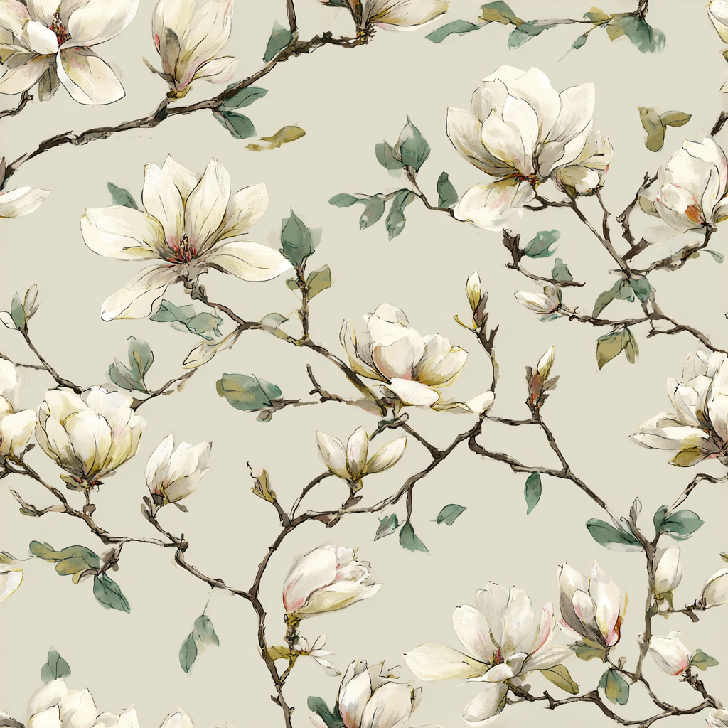 Floral wallpaper with a watercolor magnolia pattern, with a beige background.