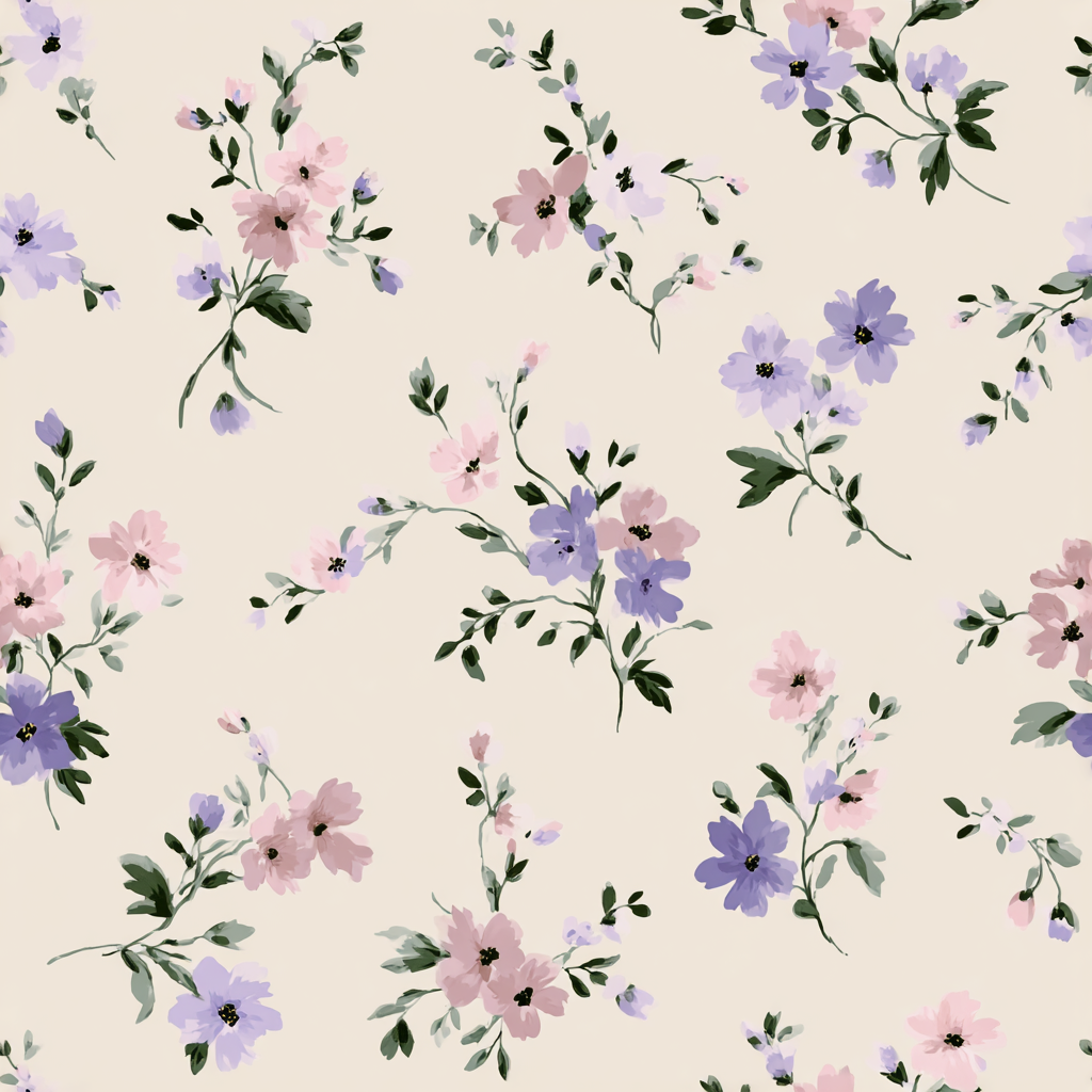 Floral wallpaper with pink and purple blossoms and green foliage, of Briar Lane, in a painterly style.