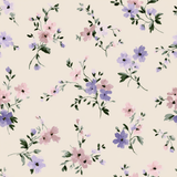 Floral wallpaper with pink and purple blossoms and green foliage, of Briar Lane, in a painterly style.