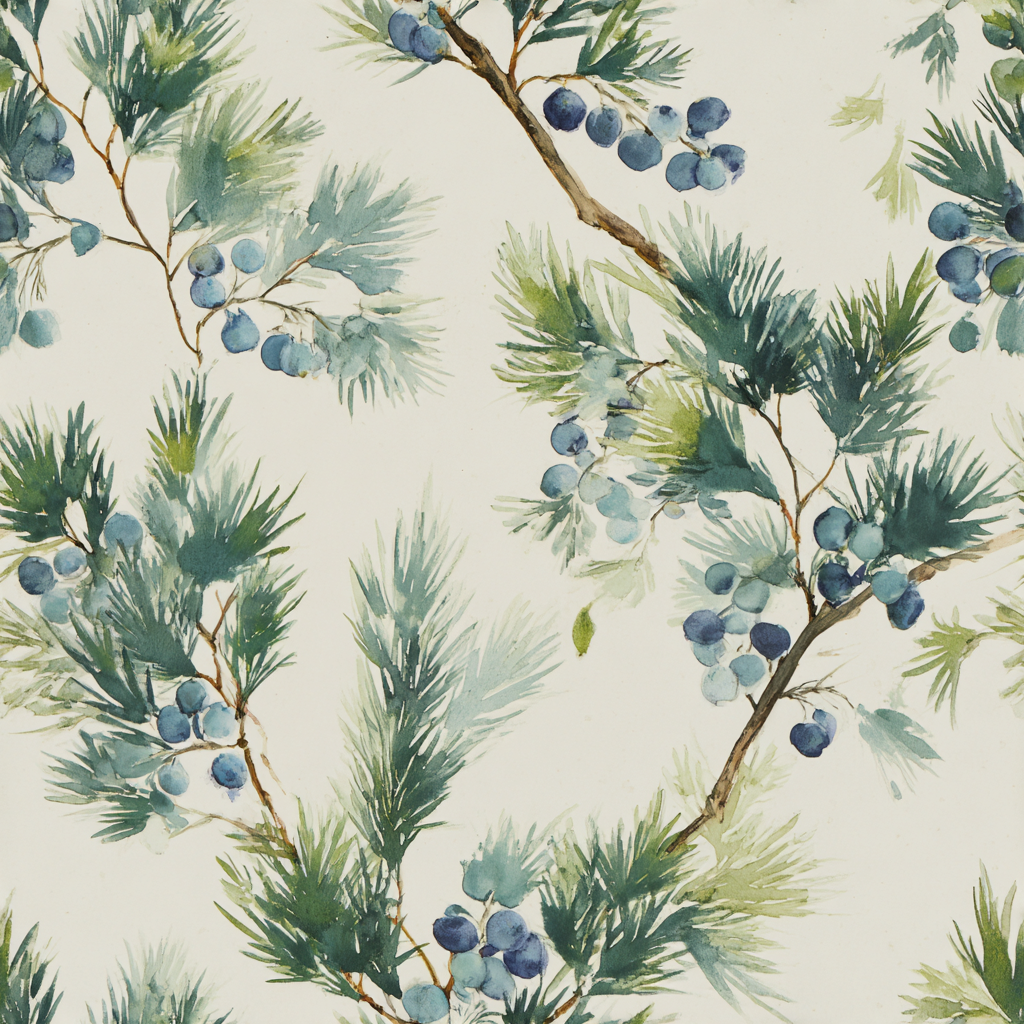 Botanical wallpaper with bitterberry field design by York Wallcoverings, featuring watercolor pine branches and dark blue berries.
