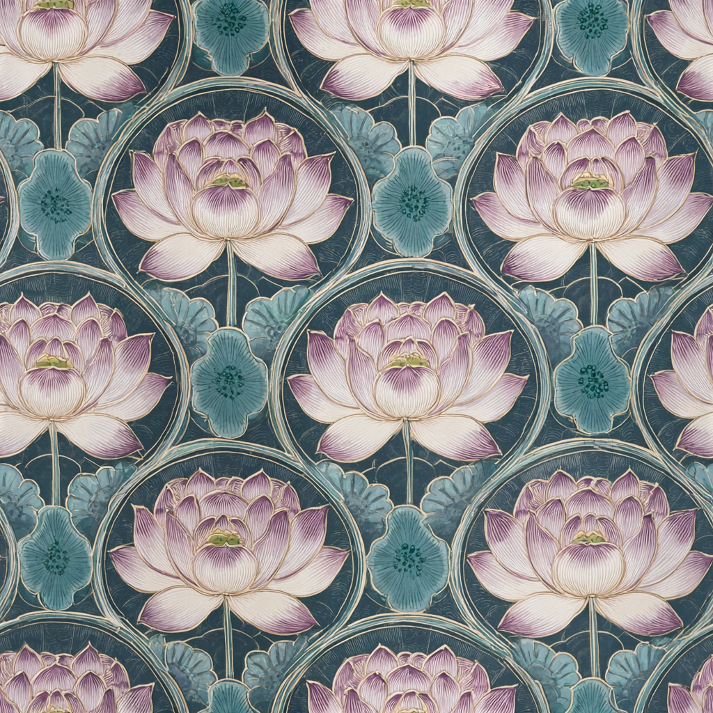 Patterned wallpaper with lotus flowers in circles, on a teal background.