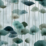 Blue lotus canes wallpaper with a fan-like pattern on a light background.
