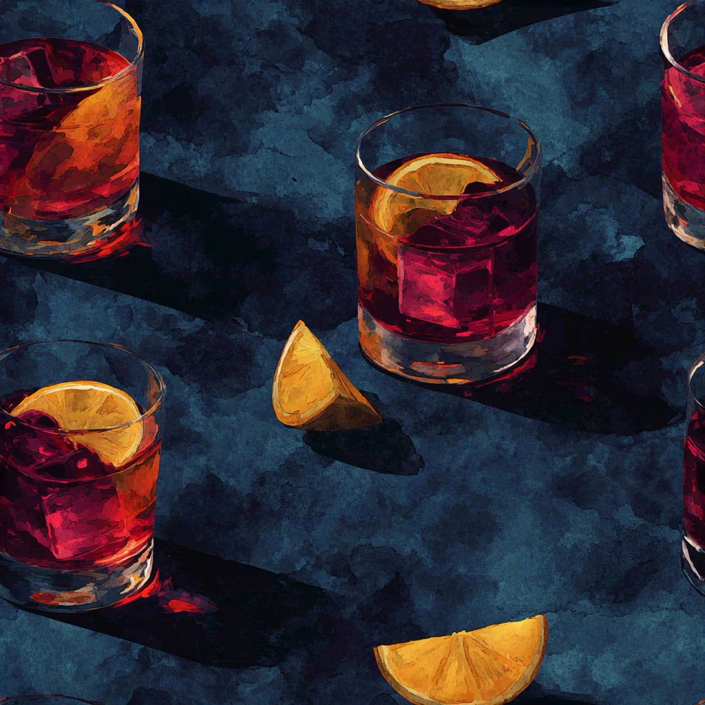 Evening Apertivo Wallpaper with cocktail glass and citrus fruit pattern.