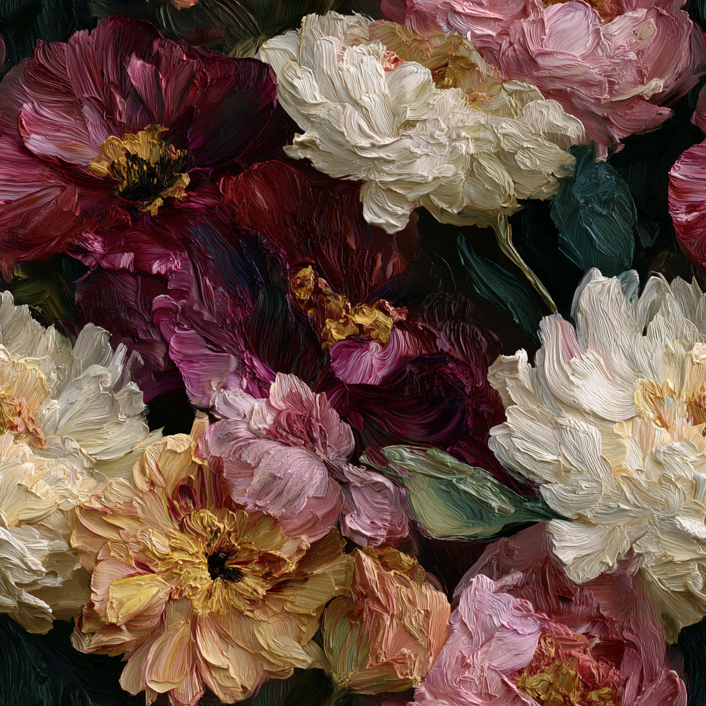 Floral wallpaper with oil painting texture, featuring burgundy, pink, and white peonies.
