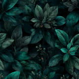 Dark botanical wallpaper with leafy pattern, lush texture.
