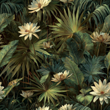 Botanical wallpaper with white water lilies by The House of Scalamandré, showcasing green palm leaves and dark foliage.

