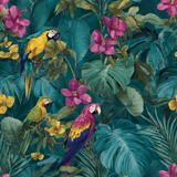 Parrot Bay Wallpaper with tropical leaves and flowers, and colorful macaws.