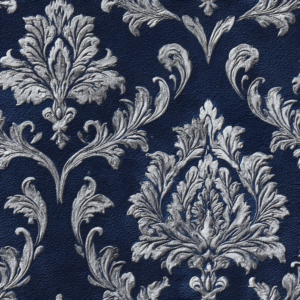 Midnight blue baroque wallpaper with silver floral damask pattern.