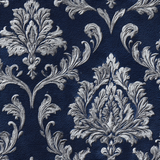 Midnight blue baroque wallpaper with silver floral damask pattern.