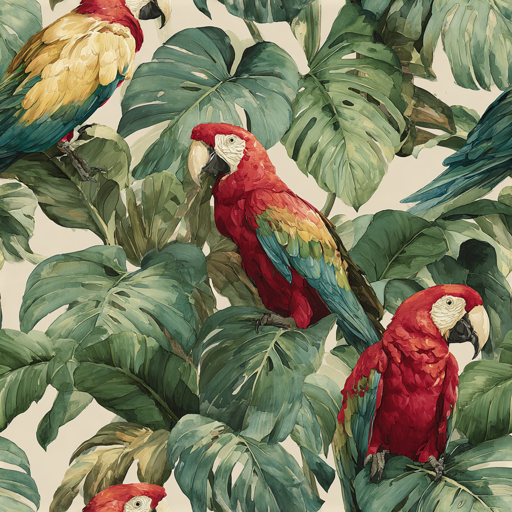 Tropical Scarlet Monstera wallpaper with parrots, against a light neutral background.