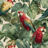 Tropical Scarlet Monstera wallpaper with parrots, against a light neutral background.