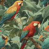 Colorful parrot wallpaper with tropical foliage pattern.
