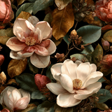 Floral wallpaper with blooming magnolias and green foliage on a dark background.