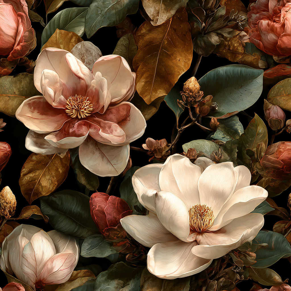 Floral wallpaper with blooming magnolias and green foliage on a dark background.