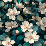 Magnolia wallpaper with white blossoms and teal leaves in a painterly style.