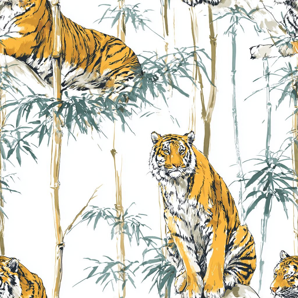 Bamboo Royalty Wallpaper with tiger pattern on a white background.