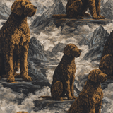 Patterned wallpaper with brown dogs by Highvale, illustrated with a mountain landscape.
