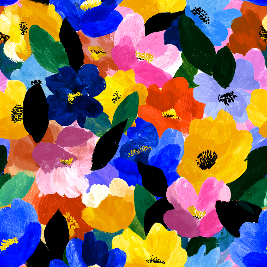 Floral wallpaper with vibrant blooms and dark leaves.

