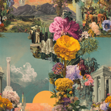Colorful collage wallpaper featuring flowers, classical architecture, and mountainous landscapes.
