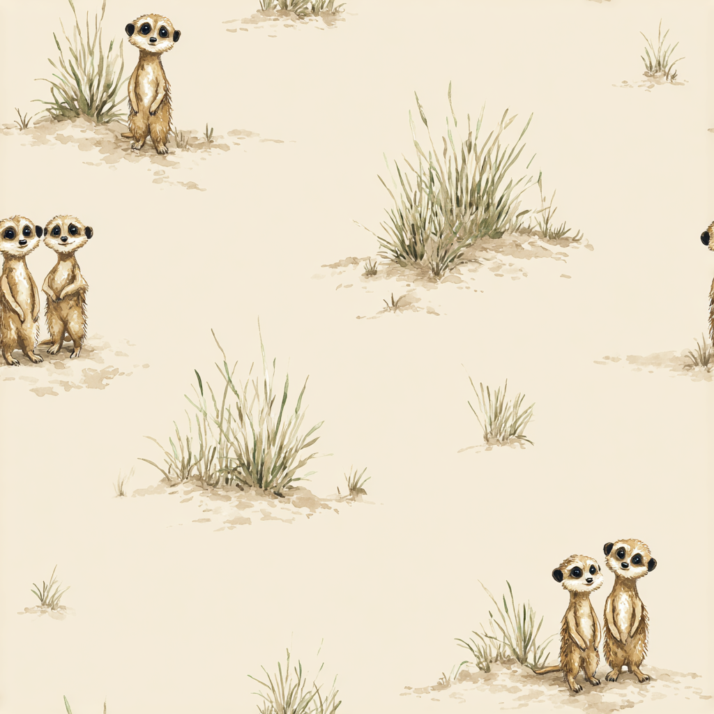 Kalahari Kin wallpaper featuring an adorable meerkat pattern on a light beige background.
