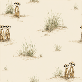 Kalahari Kin wallpaper featuring an adorable meerkat pattern on a light beige background.

