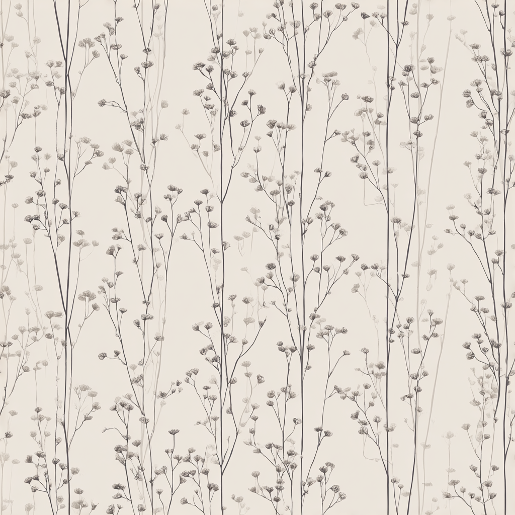 Winterling Stems wallpaper with thin, vertical floral sprigs in a neutral color palette.