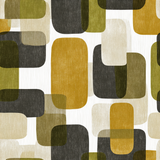 Abstract Amberline wallpaper with retro-inspired overlapping geometric pattern in mustard, olive, beige, and black.
