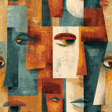 Abstract faces wallpaper with geometric shapes and warm, muted colors.
