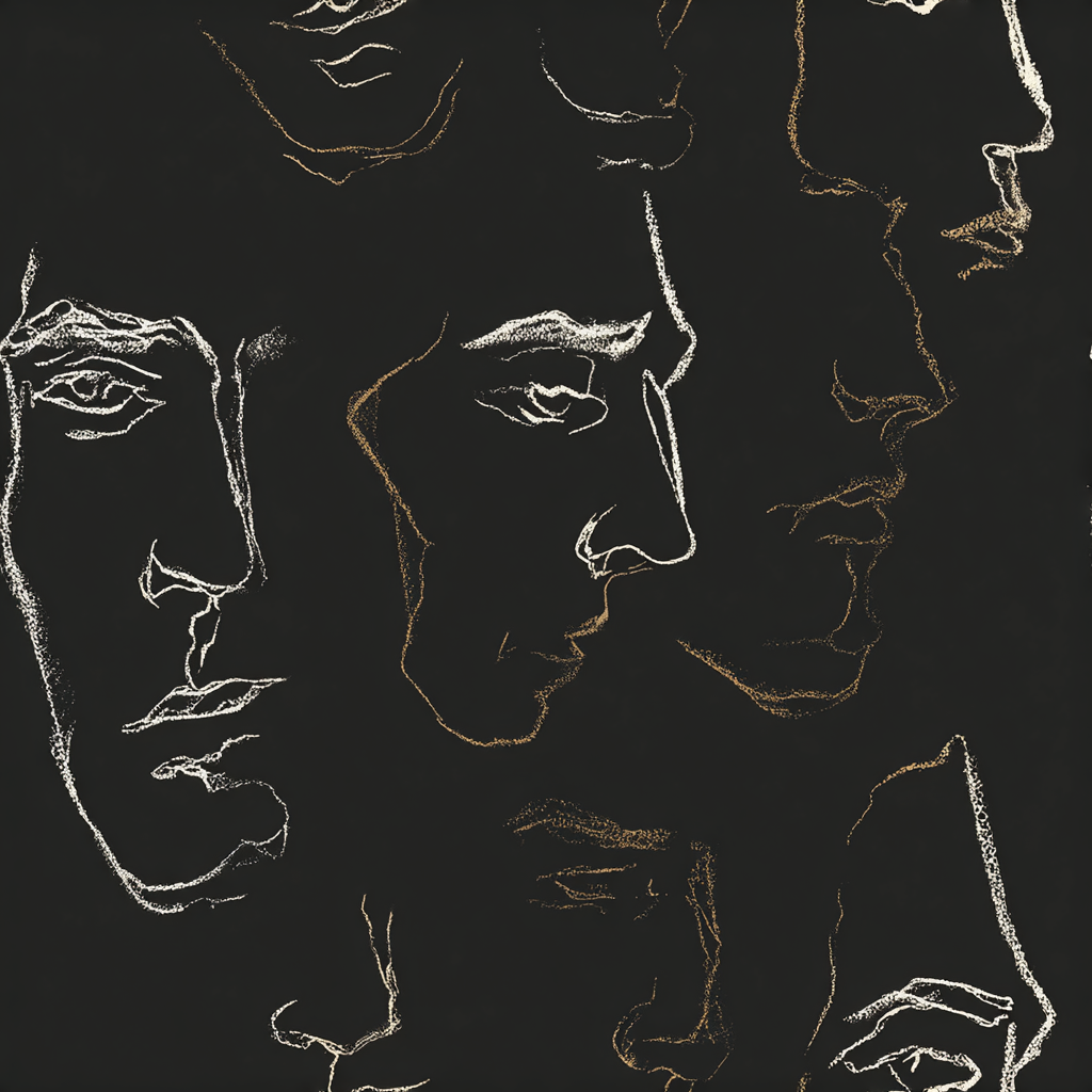 Artistic wallpaper with faces by Lioré, sketched in white and gold on a dark backdrop.