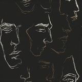 Artistic wallpaper with faces by Lioré, sketched in white and gold on a dark backdrop.