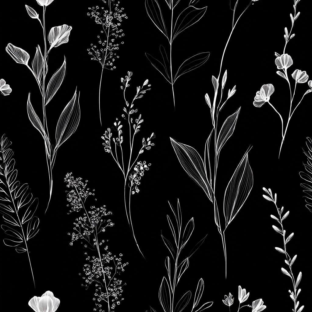 Floral study wallpaper with white botanical line art on a black background.
