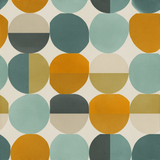 Retro geometric Solenne Wallpaper with teal, yellow and orange circles and half circles.
