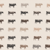 Cow print wallpaper with a repeated pattern of different colored cows.