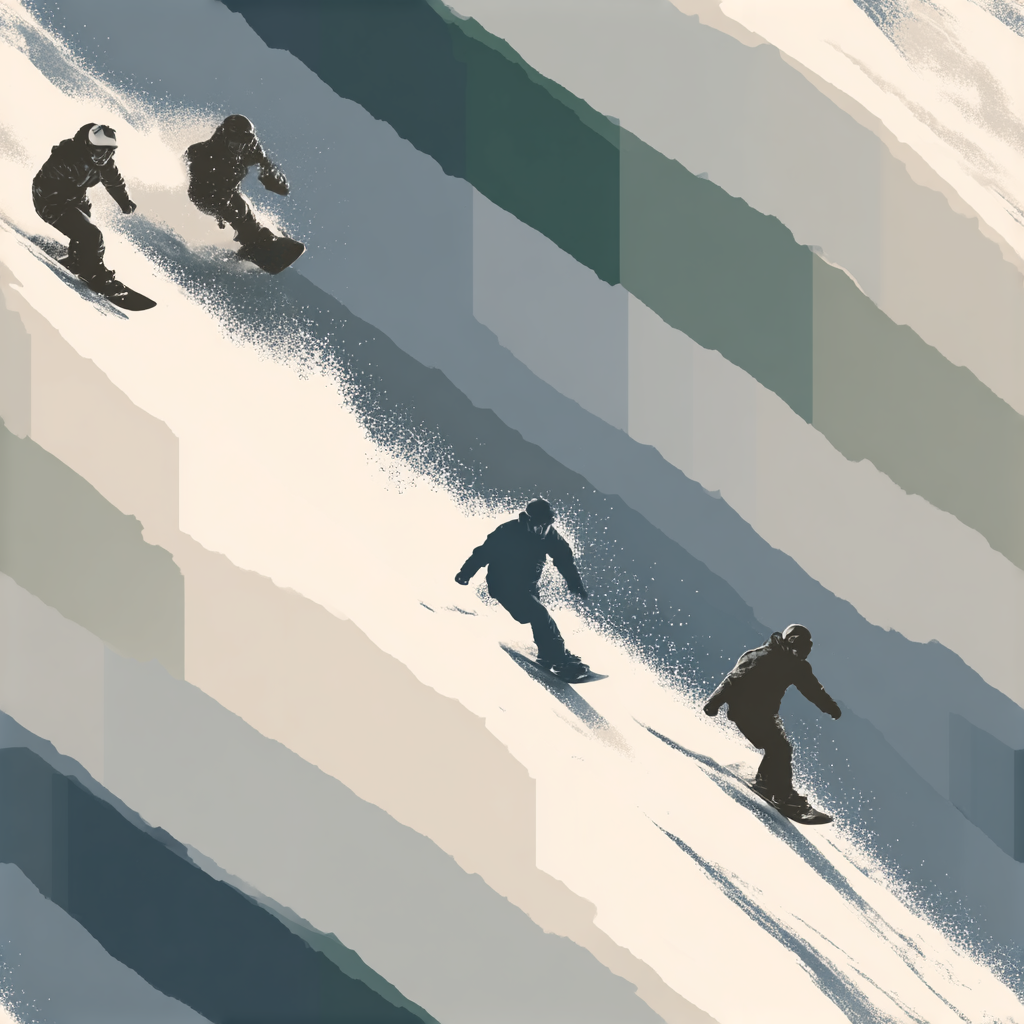 Alpine Descent Wallpaper with snowboarding theme, featuring an abstract pattern of snowy mountain slopes.
