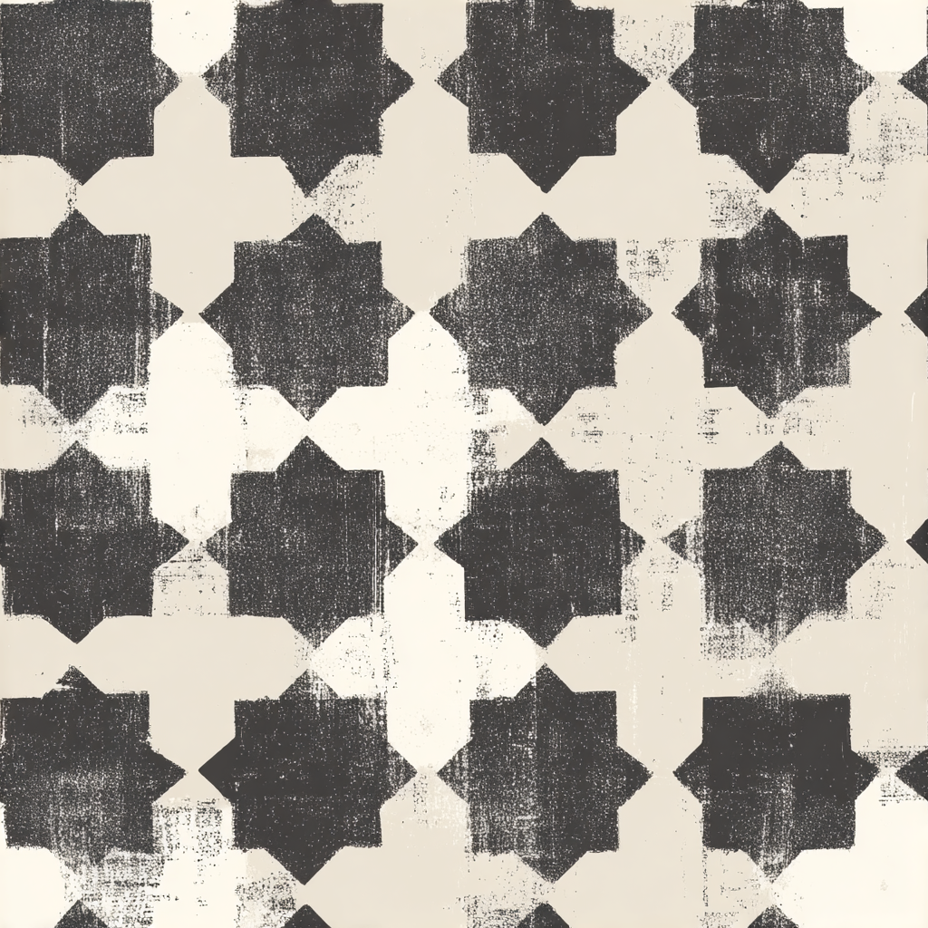 Iron Gate Wallpaper with a geometric star pattern, textured and patterned in dark gray and off-white.