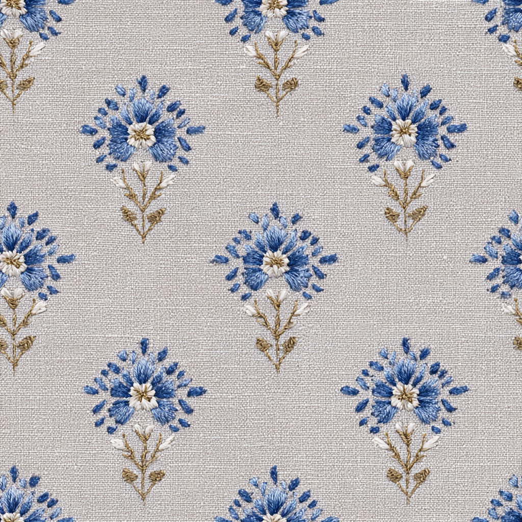Blue Embroiderie Wallpaper with floral pattern, embroidery details and woven texture.