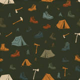 Camping-themed wallpaper with tents, boots, and axes in a repeating pattern.