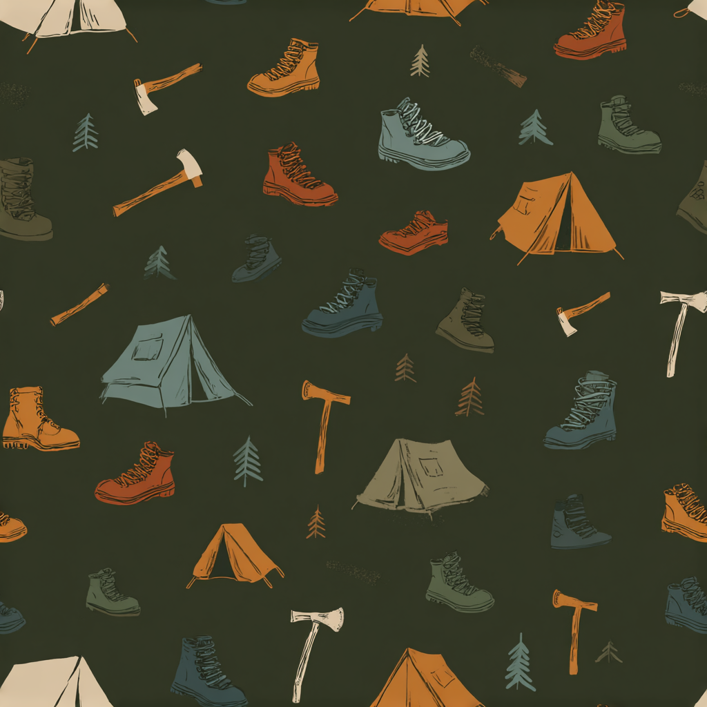 Camping-themed wallpaper with tents, boots, and axes in a repeating pattern.