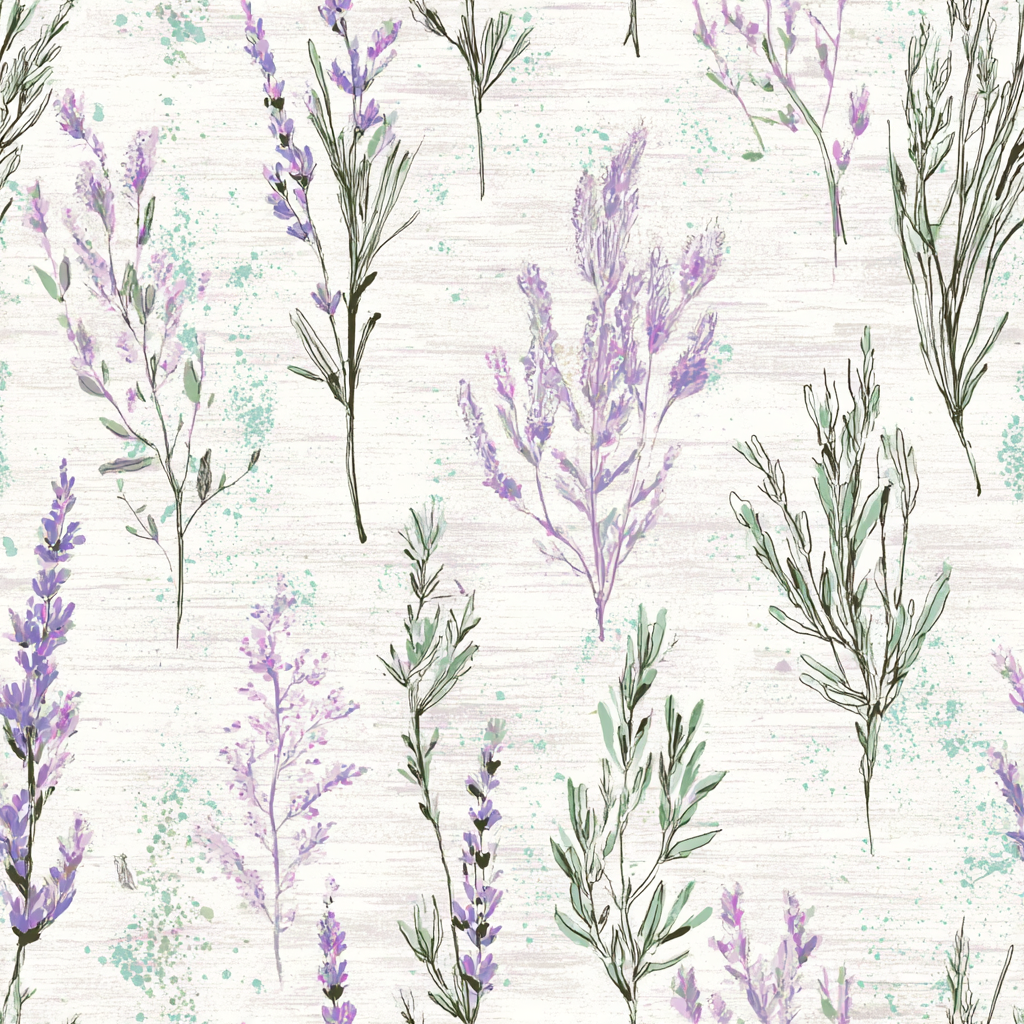 Lavender Field Notes wallpaper with lavender botanical pattern and light wood grain background.
