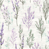 Lavender Field Notes wallpaper with lavender botanical pattern and light wood grain background.
