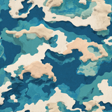 Blue and beige wallpaper with abstract organic shapes, reminiscent of landforms.