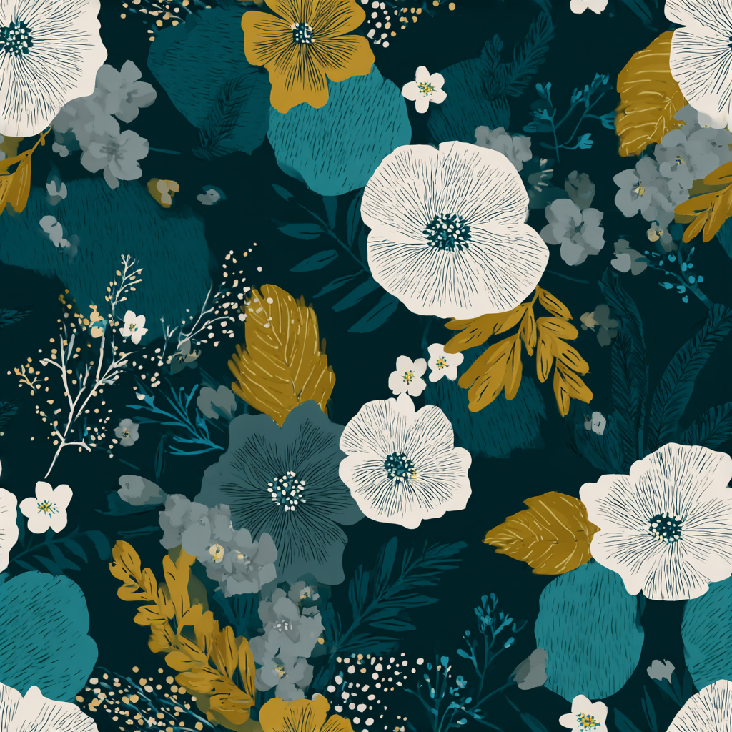 Verdure Nightfall wallpaper with large scale floral and leaf pattern in white, gold, and teal on a dark ground.
