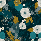 Verdure Nightfall wallpaper with large scale floral and leaf pattern in white, gold, and teal on a dark ground.
