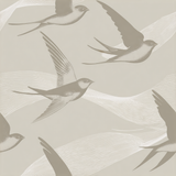 Beige Wind Lines Wallpaper with bird pattern and abstract white lines.