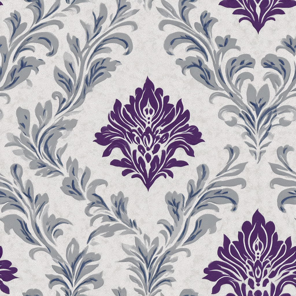 Soft heirloom wallpaper with purple and gray floral damask pattern.