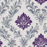 Soft heirloom wallpaper with purple and gray floral damask pattern.