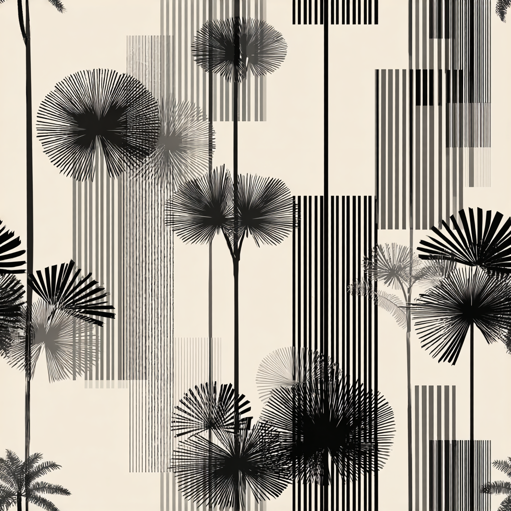 Columnar wallpaper with black and gray palm trees and vertical stripe pattern.