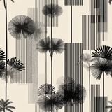 Columnar wallpaper with black and gray palm trees and vertical stripe pattern.