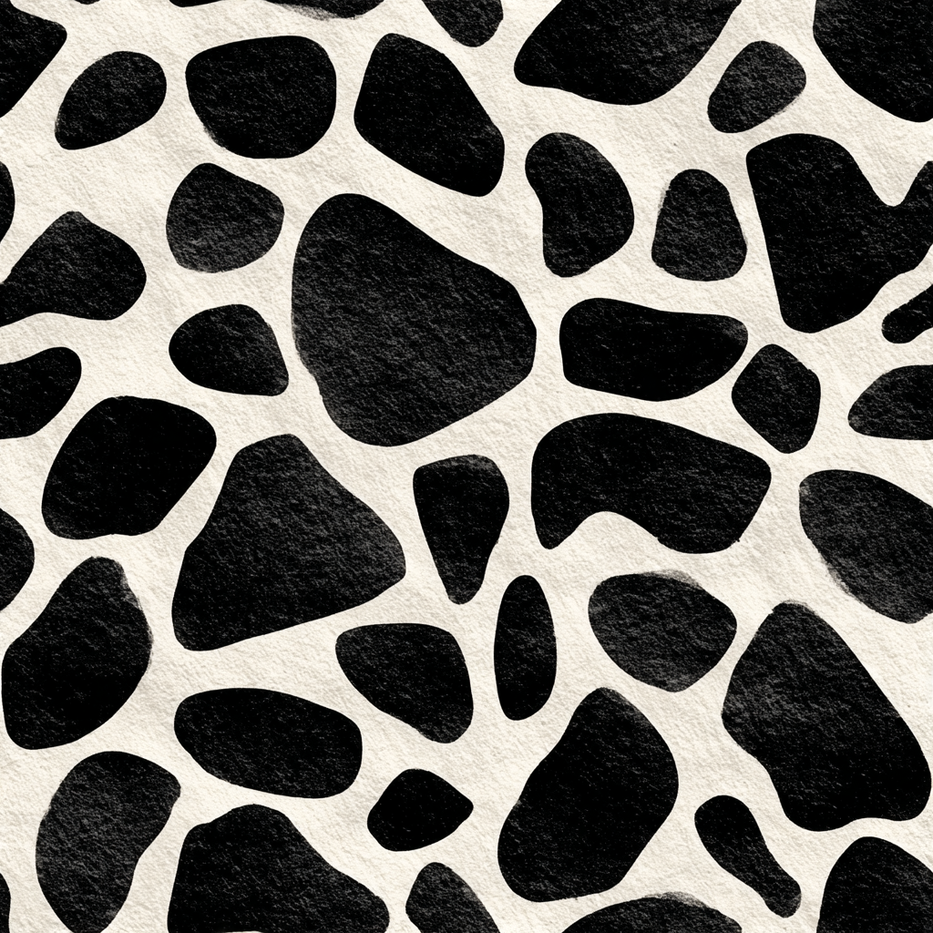 Black and off-white hide wallpaper featuring a cow-like pattern and textured surface.
